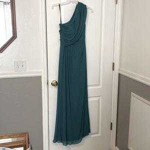 Dessy Collection Teal Long One Shouldered Bridesmaid Dress